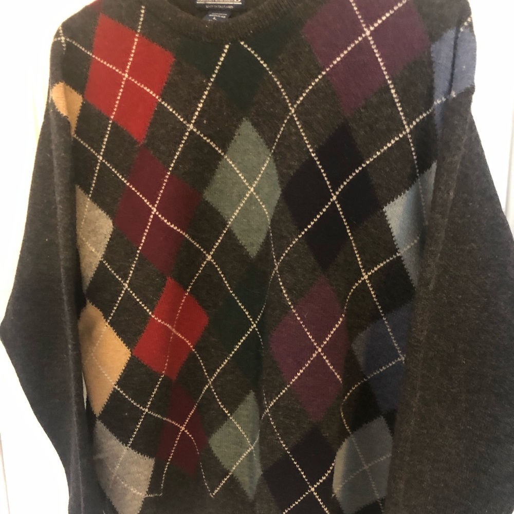 Lands' End Red and Green Crew Neck Argyle Sweater